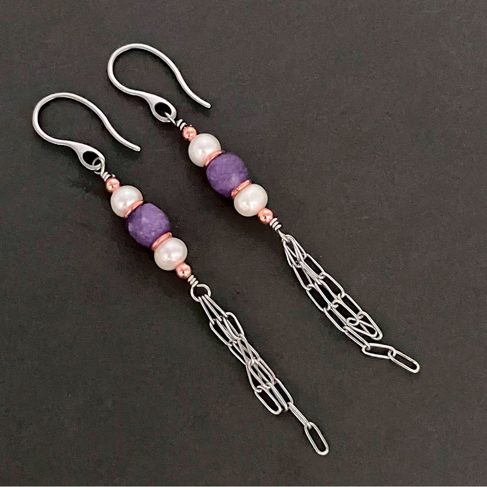 Amethyst Quartz & Freshwater Pearl Tassel Earrings in Copper & Stainless - Picture 2 of 8